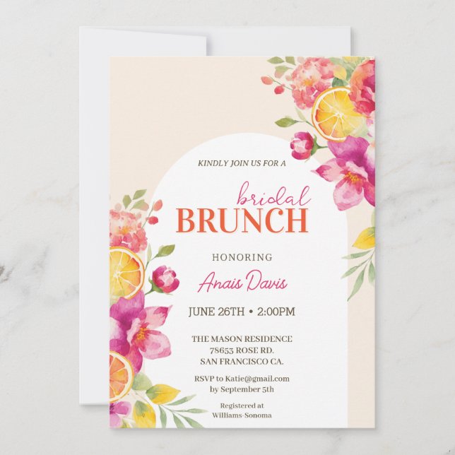 Bridal brunch Floral Citrus Bridal Shower Einladung (Vorderseite)