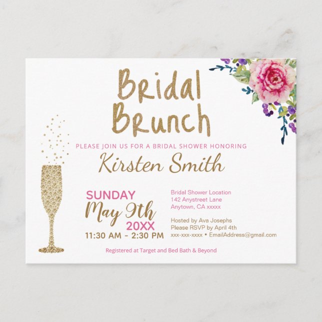 Bridal Brunch Gold Bubbly Bridal Dusche Einladung Postkarte (Vorderseite)