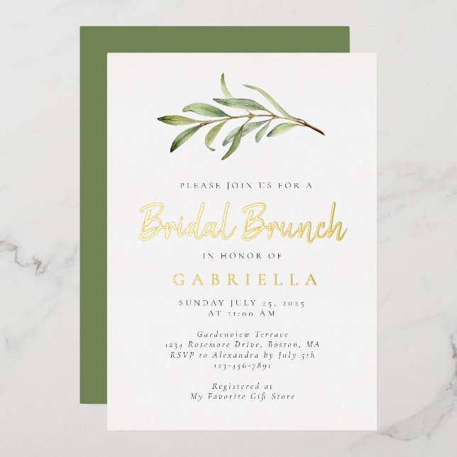 Bridal Brunch Gold der modernen Olive Branch Folieneinladung (Vorderseite/Rückseite)