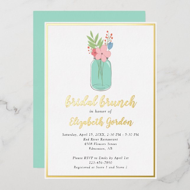 Bridal Brunch Shower Mason Jar Blume Goldene Fossi Folieneinladung (Vorderseite/Rückseite)