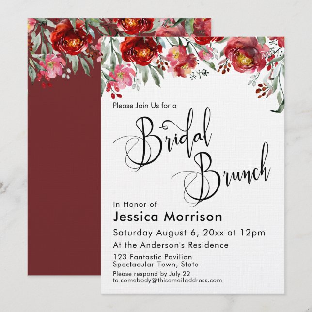 Bridal Brunch Typografie Burgundy Red Floral Einladung (Vorne/Hinten)