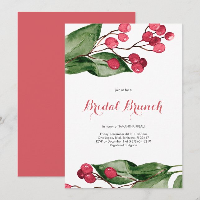 Bridal Brunch Watercolor Berries Weihnachts-Party Einladung (Vorne/Hinten)