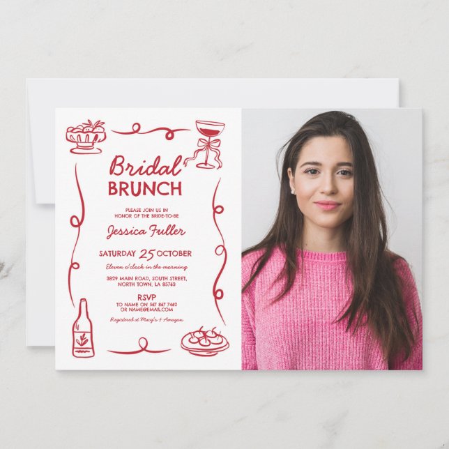 Bridal Brunch Whimsical Hand Drawing Foto Französi Einladung (Vorderseite)