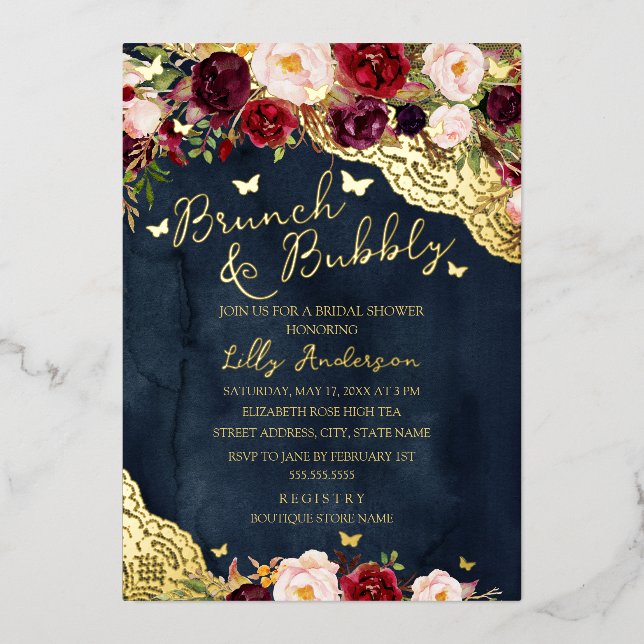 Bridal Burgundy Navy Gold Lace Brunch und Bubbly Folieneinladung (Vorderseite)
