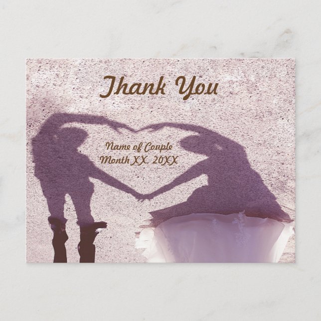 Bridal Couple Silhouette Herz in Sand Vielen Dank Postkarte (Vorderseite)