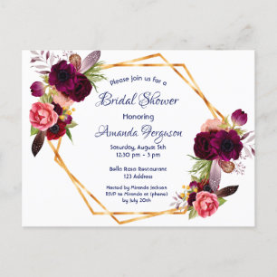 Bridal Dusche Einladung bordeauxrot blühend blau Postkarte