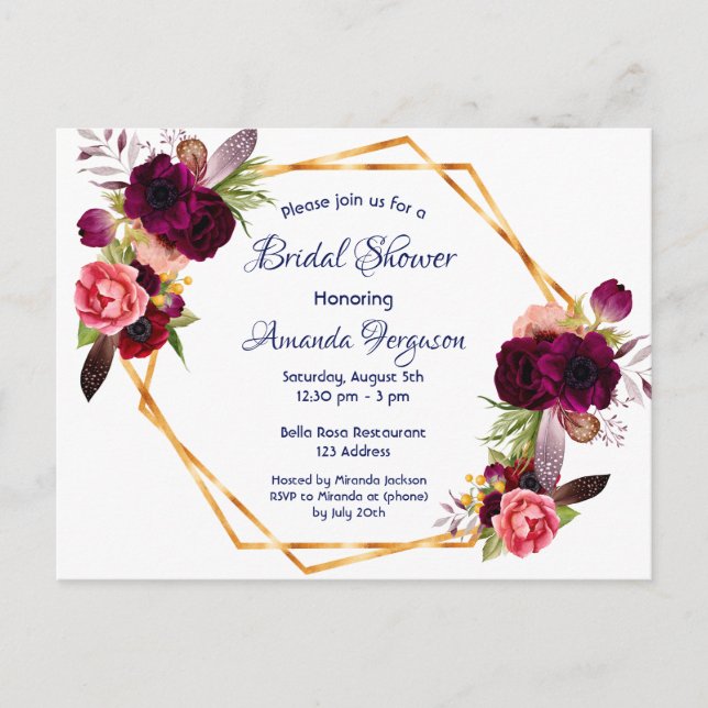 Bridal Dusche Einladung bordeauxrot blühend blau Postkarte (Vorderseite)