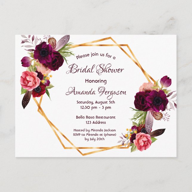 Bridal Dusche Einladung bordeauxrot floralböhmisch Postkarte (Vorderseite)