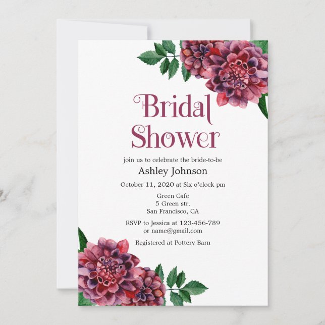 Bridal Dusche Einladung Dahlien. Burgund lädt (Vorderseite)