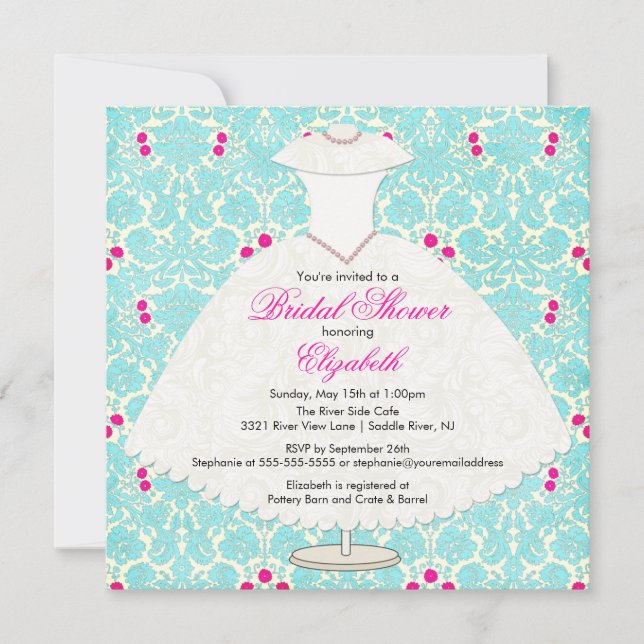Bridal Dusche Einladung Gown Türkis Damask (Vorderseite)