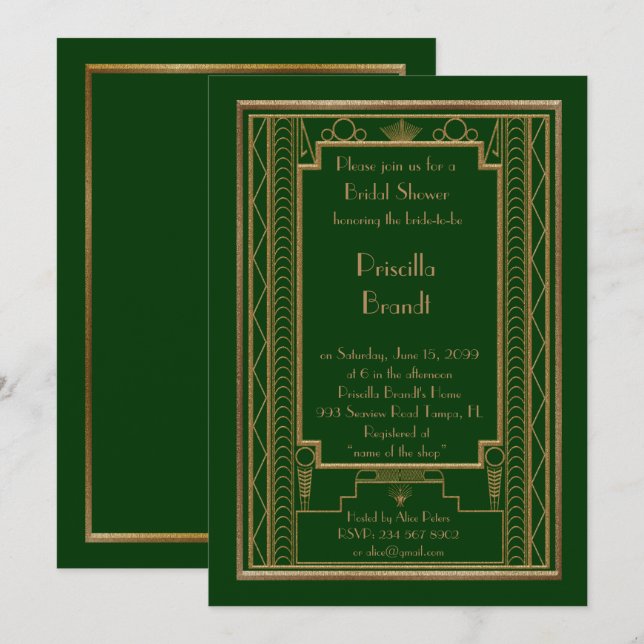 Bridal Dusche Einladung, großartige Gatsby goldgrü Einladung (Vorne/Hinten)