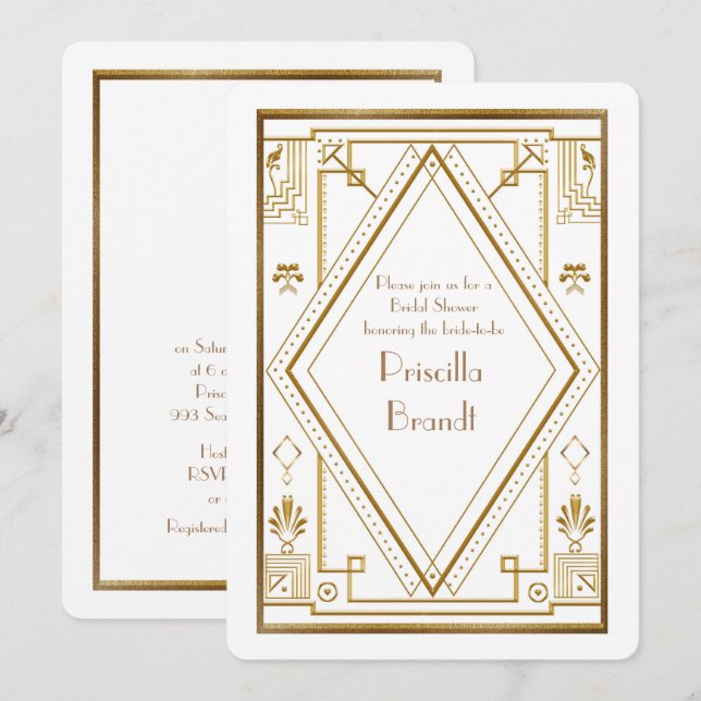 Bridal Dusche Einladung, große Gatsby Gold weiß Einladung (Vorne/Hinten)