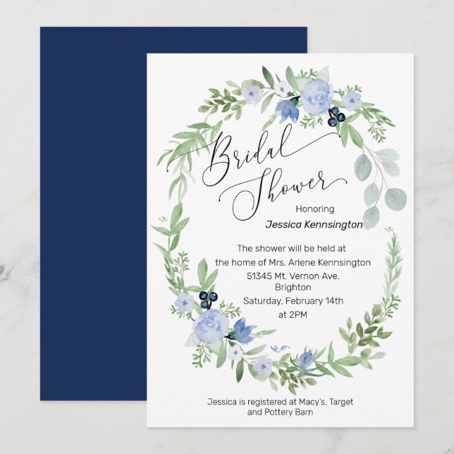 Bridal Dusche Einladung Navy Blue Blumen (Vorne/Hinten)