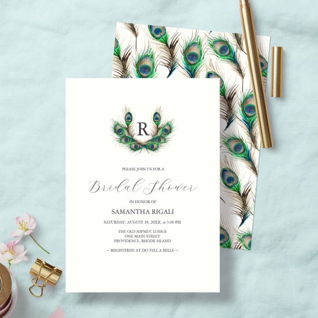 Bridal Dusche Einladung Wasserfarbenen Pfau (Monogrammed Bridal Shower Invitations feature watercolor peacock feathers by Victoria Grigaliunas )