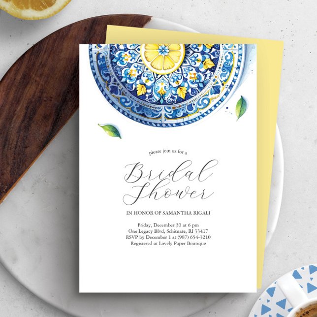 Bridal Dusche Einladungen Amalfi Küste Thema (Watercolor lemon and blue plate bridal shower invitation design by Victoria Grigaliunas)