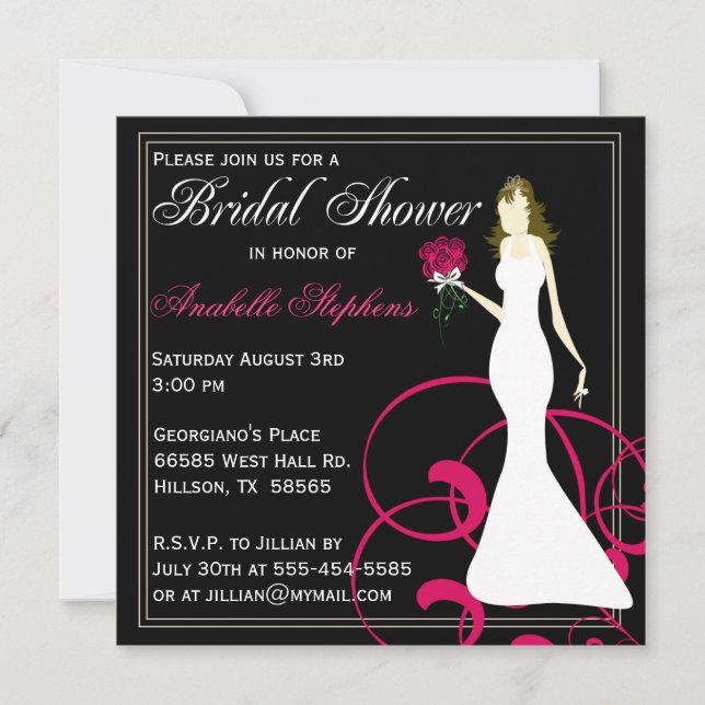 Bridal-Dusche in Schwarz und Heiß-Rosa Einladung (Vorderseite)