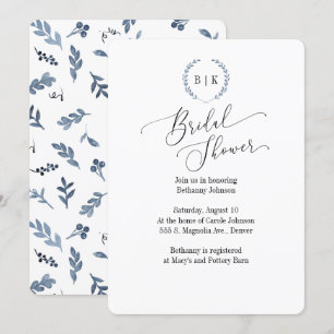 Bridal-Duscheinladung mit blauem Lorbeermonogramm Einladung