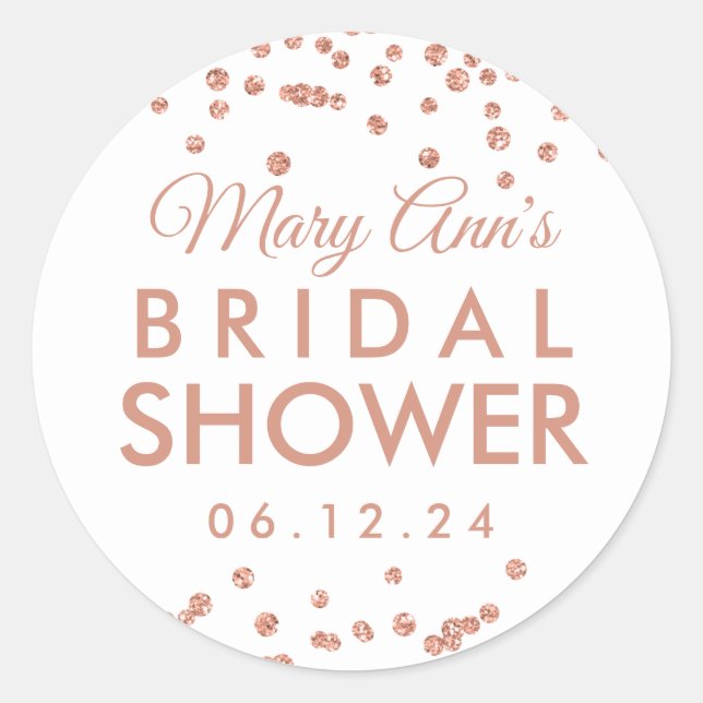 Bridal Favor Tag Rose Gold Glitzer Confetti White Runder Aufkleber (Vorderseite)