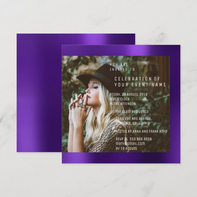 Bridal Foto Graduation Party Lila Pum Metallic Einladung (Vorne/Hinten)