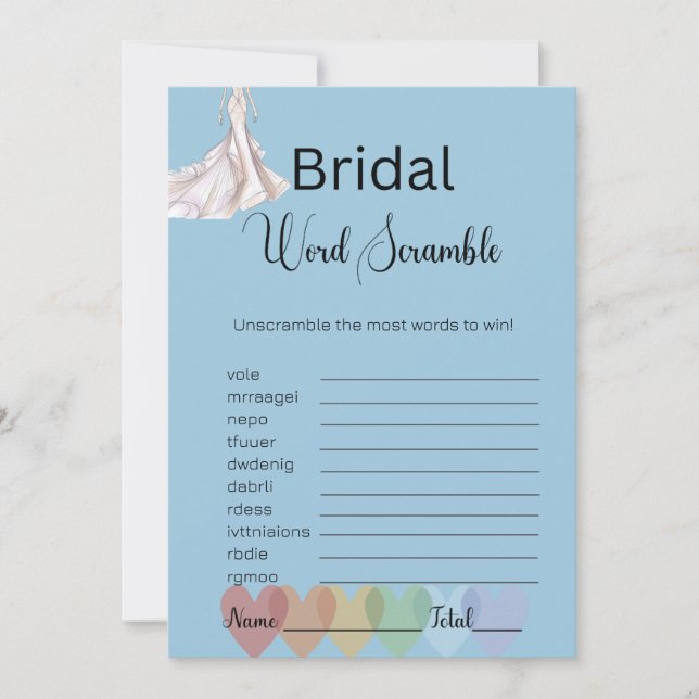 Bridal Gown Bridal Blue Word Scramble Game Einladung (Vorderseite)