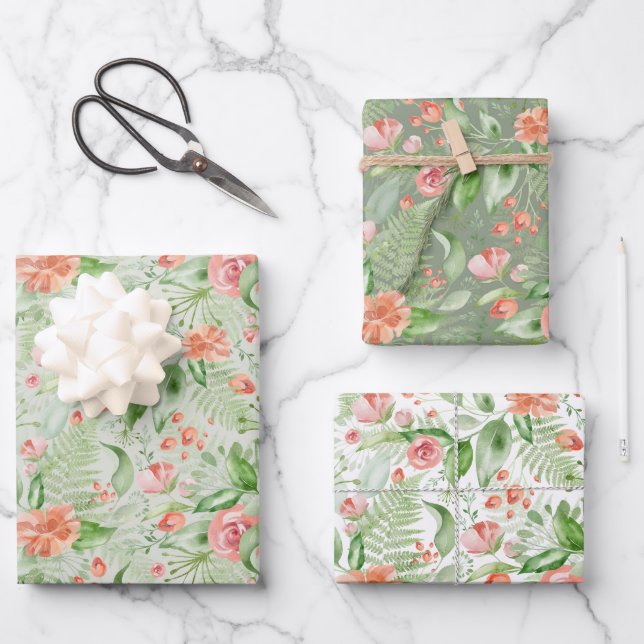 Bridal Green und Pink Tropische Blume und Ferns Geschenkpapier Set (Vorderseite)
