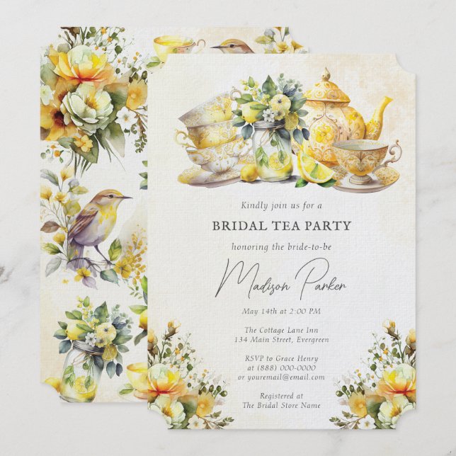 Bridal Lemon Tea Party Vintag Einladung (Vorne/Hinten)