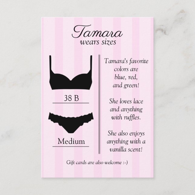 Bridal Lingerie Size Insert Card (Vorderseite)
