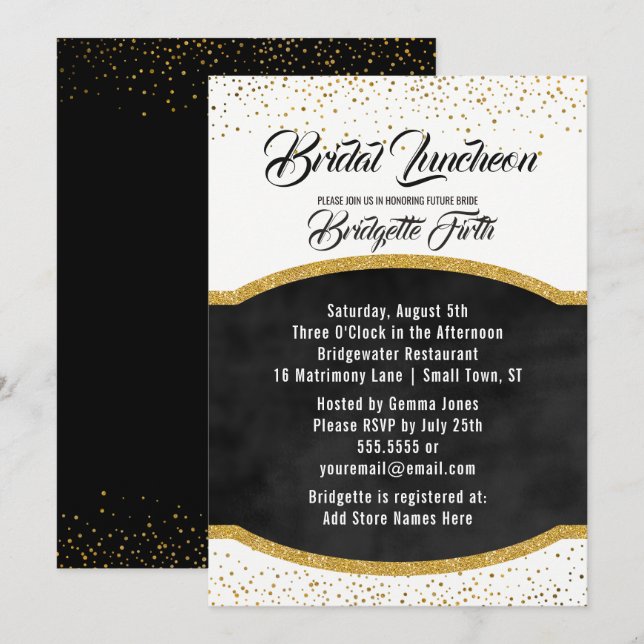 Bridal Luncheon | Black Gold Glitzer Brautparty Einladung (Vorne/Hinten)