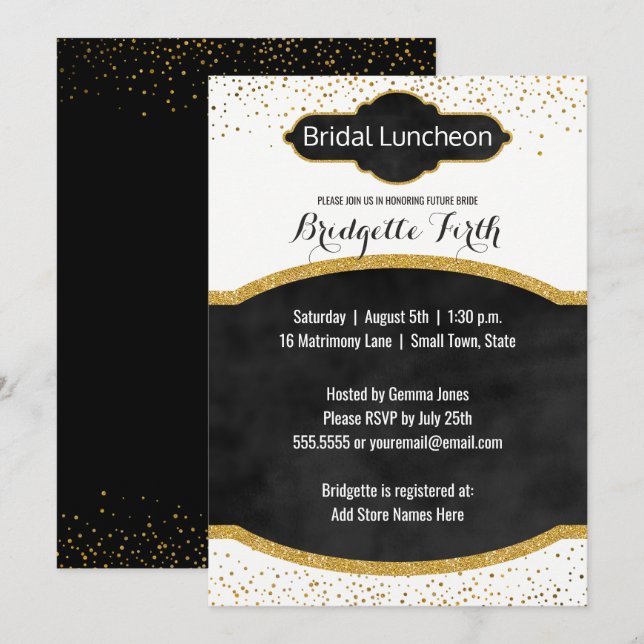 Bridal Luncheon | Black Gold Glitzer Brautparty Einladung (Vorne/Hinten)