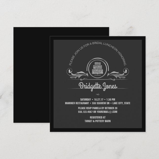 Bridal Luncheon Black Silver Wedding Brautparty Einladung (Vorne/Hinten)