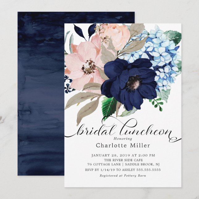 Bridal Luncheon, Blume für Navy Blue und Blush Einladung (Vorne/Hinten)
