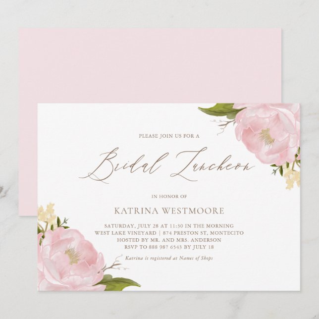 Bridal Luncheon Einladung von Watercolor Pink Peon (Vorne/Hinten)