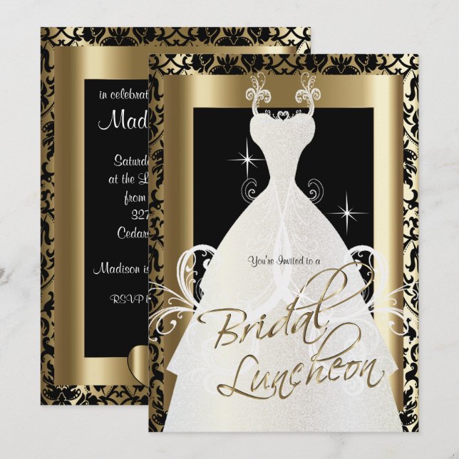Bridal Luncheon in Black Damask & Metallic Gold Einladung (Vorne/Hinten)