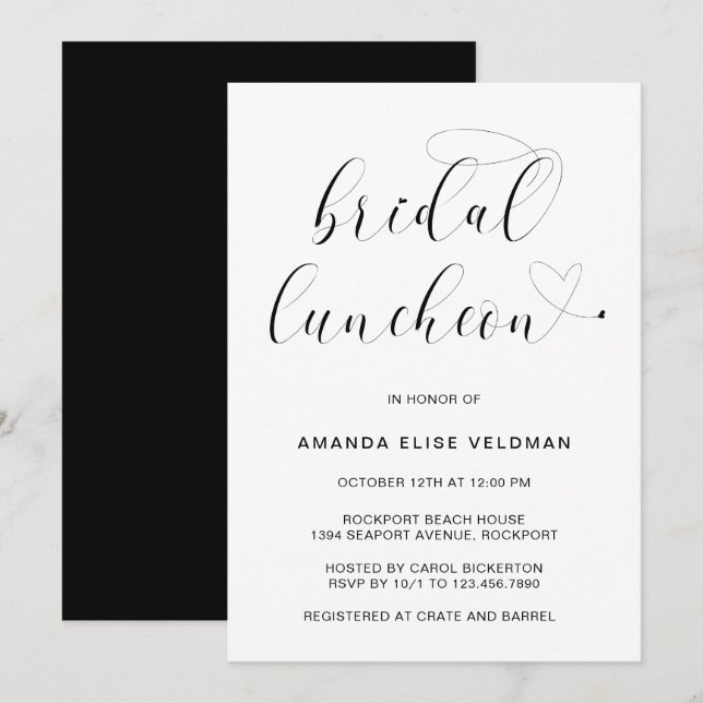 Bridal Luncheon, Moderne Schwarz-Weiß-Typografie Einladung (Vorne/Hinten)