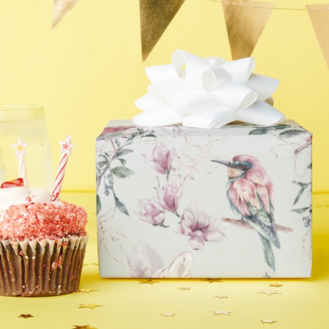 Bridal Pink Blume und Vögel Geschenkpapier (Geburtstagsparty)