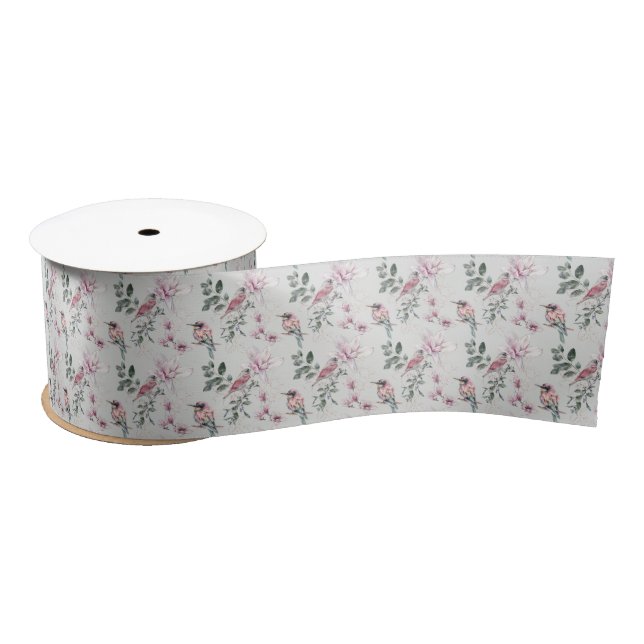 Bridal Pink Blume und Vögel Satinband (Spule)