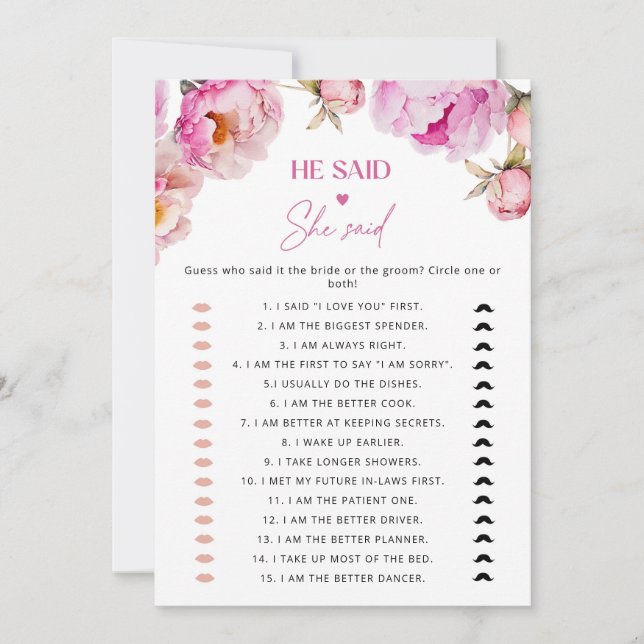 Bridal pink peony Er sagte, sie sagte Bridal Spiel Einladung (Vorderseite)