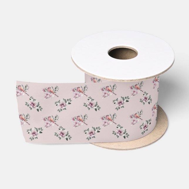 Bridal Pink Wasserfarbe und Vögel auf Rosa Satinband (Spule)