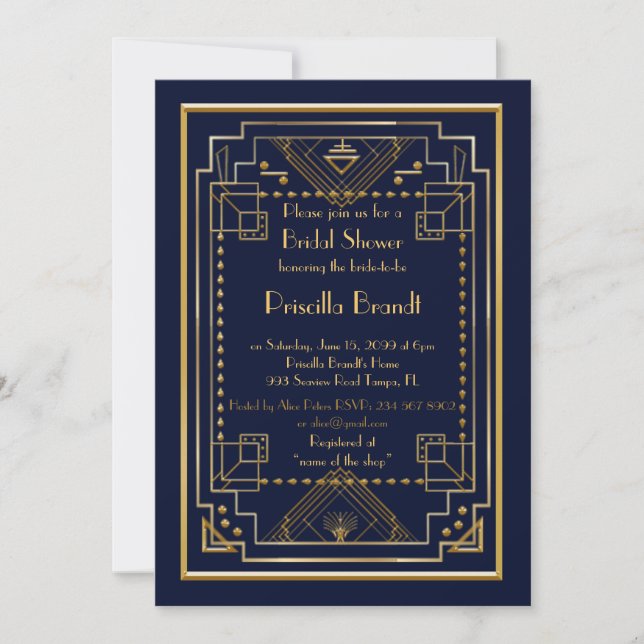 Bridal Showeinladung, großartige Gatsby, Marine, G Einladung (Vorderseite)