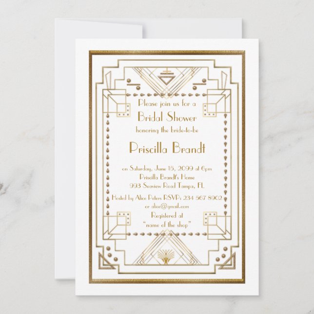Bridal Showeinladung, großartiger Gatsby, weiß, go Einladung (Vorderseite)