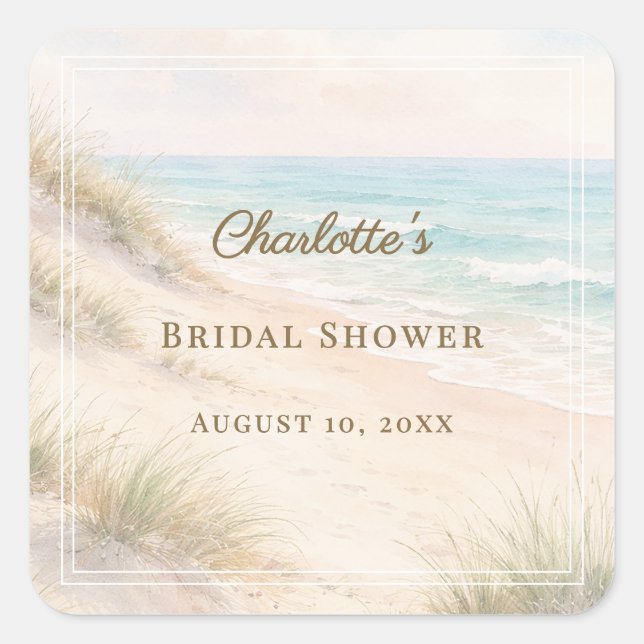 Bridal Shower beach coastal elegant Quadratischer Aufkleber (Vorderseite)