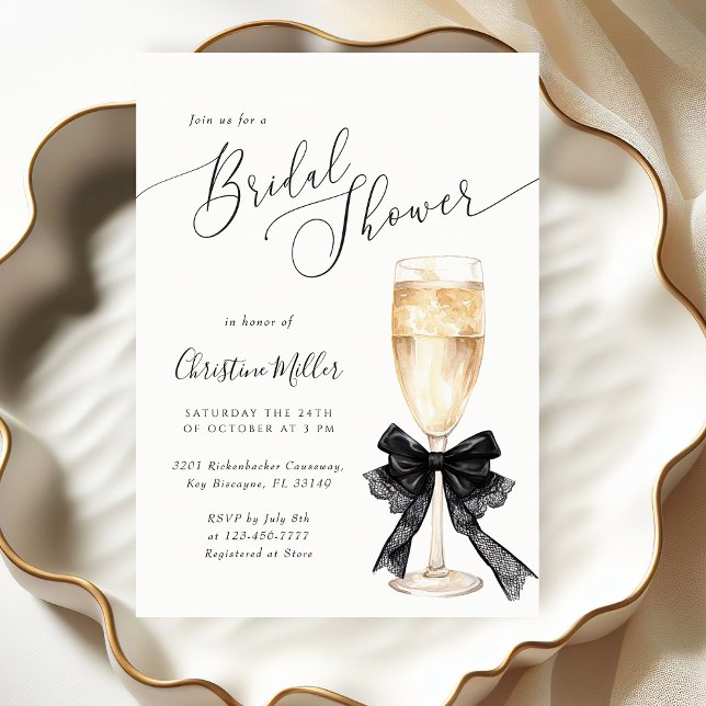 Bridal Shower Champagne Invitation with Black Bow  Einladung (Von Creator hochgeladen)