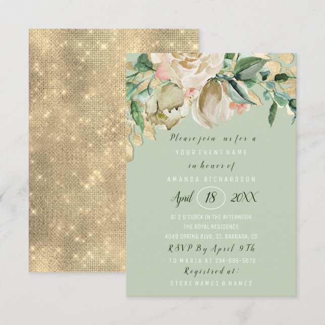 Bridal Shower Flower Brunch Mint Green Gold Roses Einladung (Vorne/Hinten)