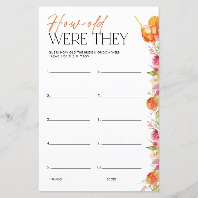 Bridal Shower Game How Old Were They First Spritz (Vorderseite)