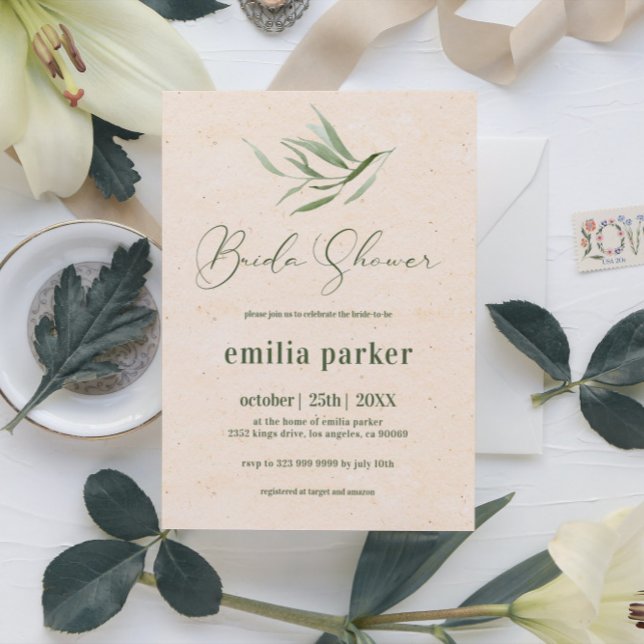 Bridal Shower Green Foliage Beige Paper Einladung (Von Creator hochgeladen)