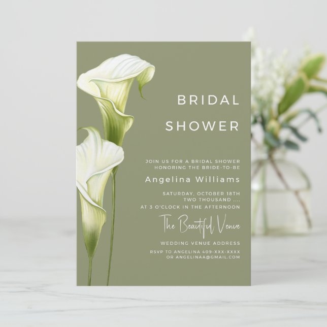 Bridal Shower Invitation "Delicate Calla Lilies" Einladung (Stehend Vorderseite)