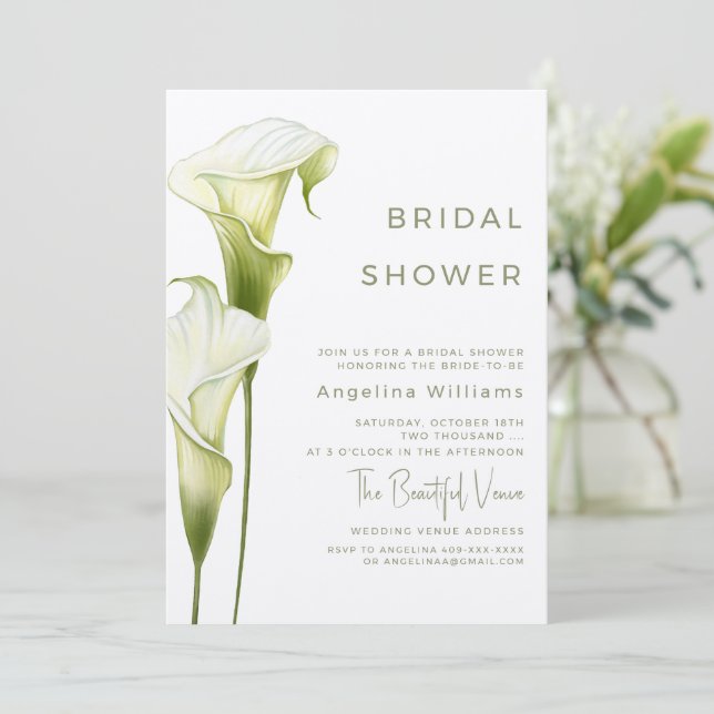 Bridal Shower Invitation "Delicate Calla Lilies" Einladung (Stehend Vorderseite)