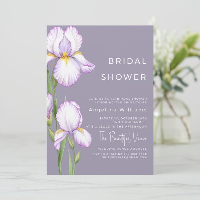 Bridal Shower Invitation "Delicate irises" Einladung (Stehend Vorderseite)