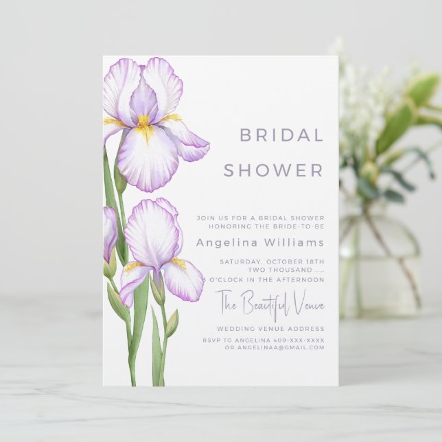 Bridal Shower Invitation "Delicate irises" Einladung (Stehend Vorderseite)