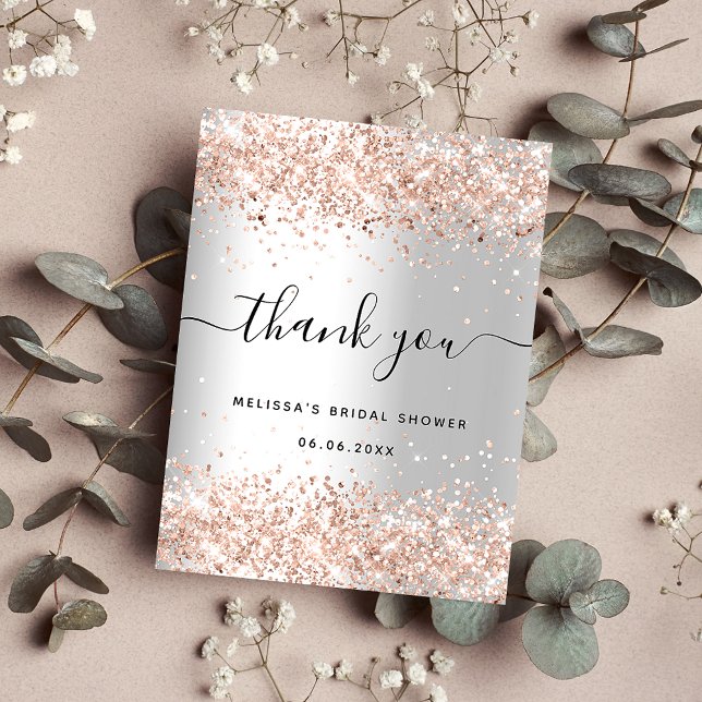 Bridal Shower silver rose gold glitter thank you Postkarte (Von Creator hochgeladen)